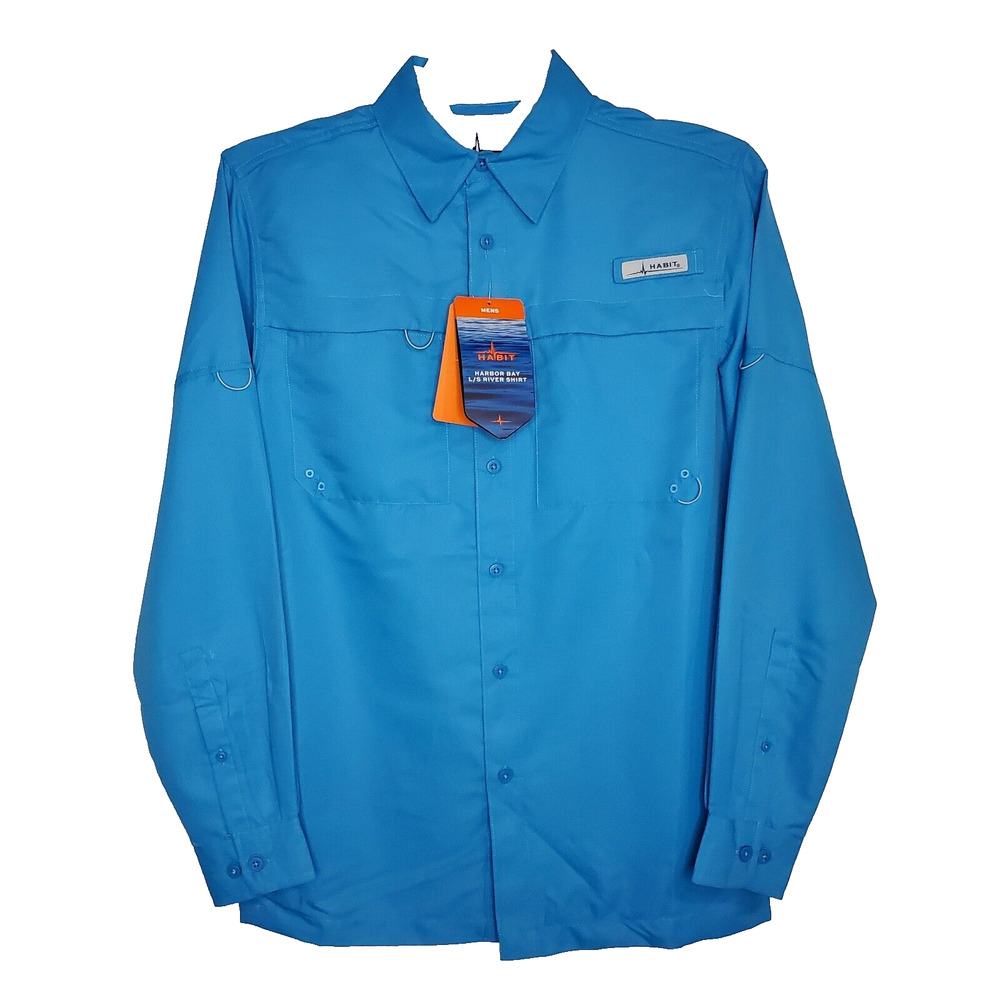 Habit Mens Small Vented Fishing Button Up Shirt Long Sleeve Blue UPF 40+